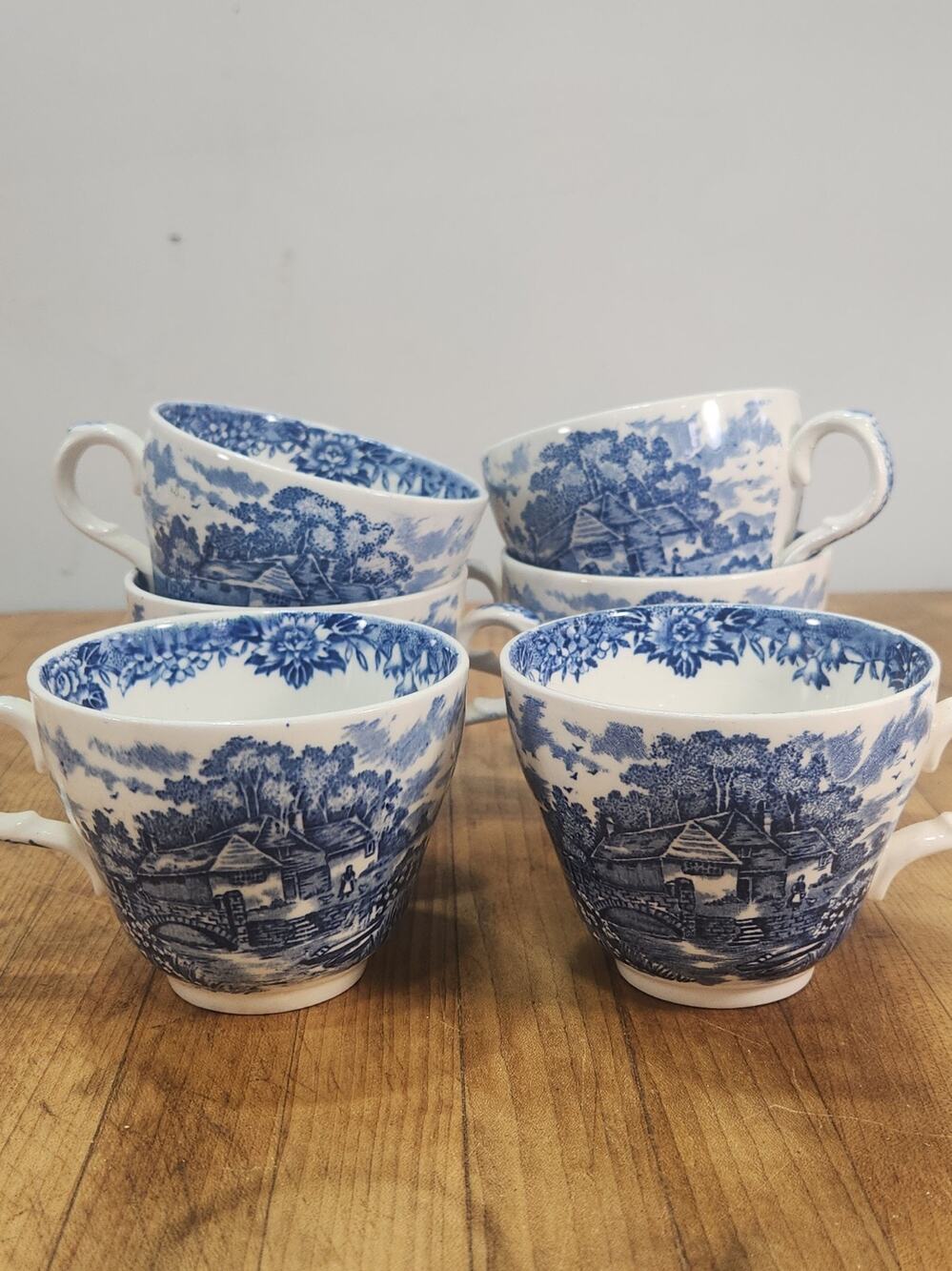 Vintage England Blue White Transferware Tea Cups Set 6 Cottage Bridge Scene